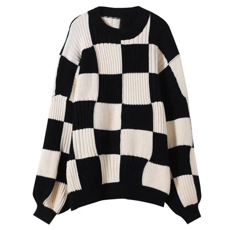 Deeptown Korean Fashion Plaid Knitted Sweater Retro Vintage Clothes Autumn and Winter Checkerboard Knit Jumper Pullover J118