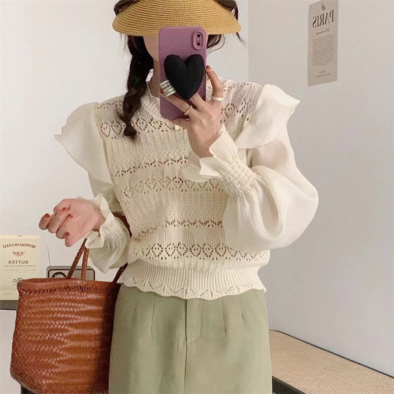 Knitting Sweater Puff Sleeve Casual O Neck Women Long Sleeve Elegant Pullovers Autumn Solid Fashion Streetwear Y2k Tops Korean