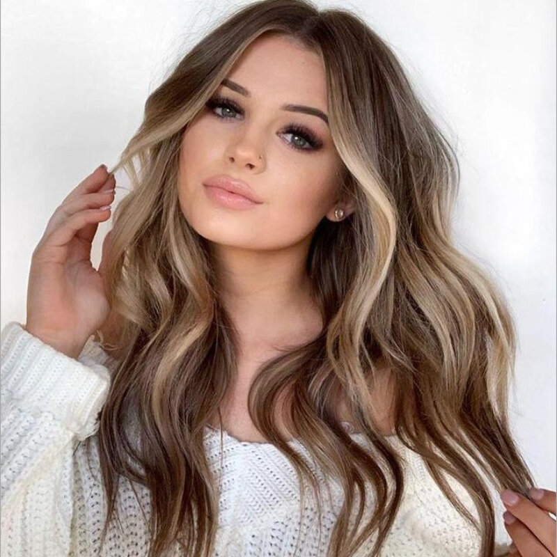 Fashion Long Wavy Ombre Wig Brown for Women Natural Hairline Synthetic Heat Resistant Fiber Hair Wigs Party Daily Use