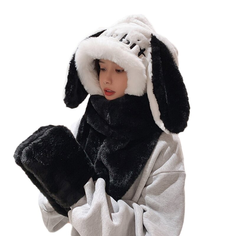 토끼 귀 방풍 스카프 참신 모자 따뜻한 캐주얼 플러시 모자 캐주얼 솔리드 양털 소녀 카와이 액세서리