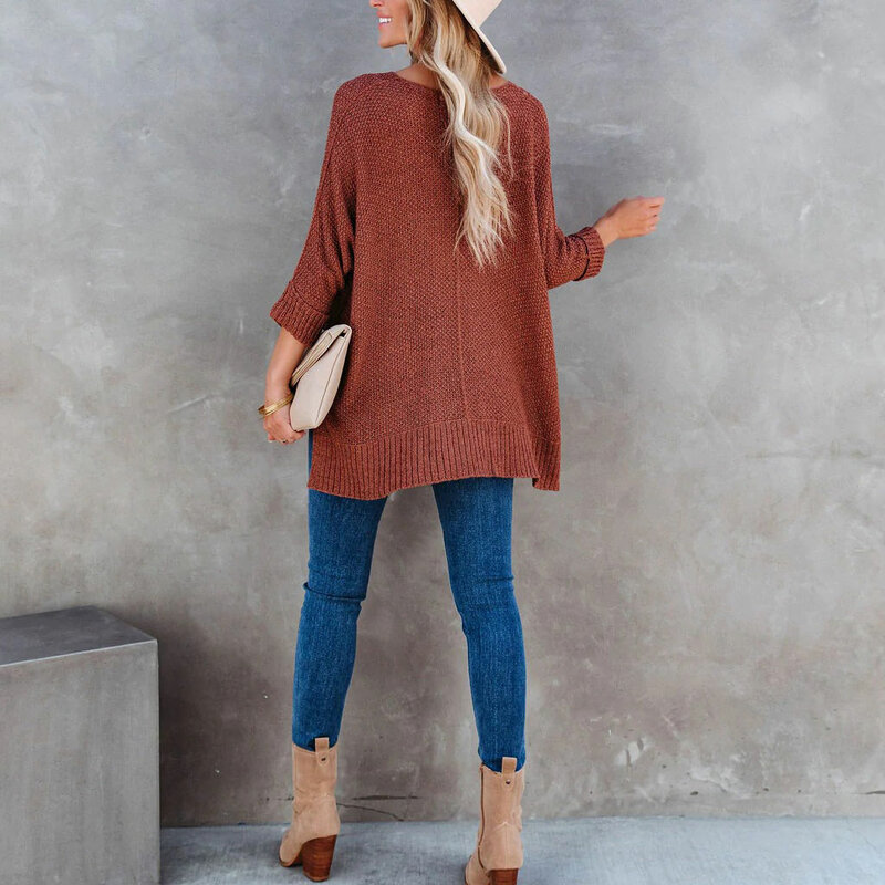 Outono inverno feminino casual camisola de malha solta cor sólida com decote em v pulôver manga comprida camisola de malha de grandes dimensões