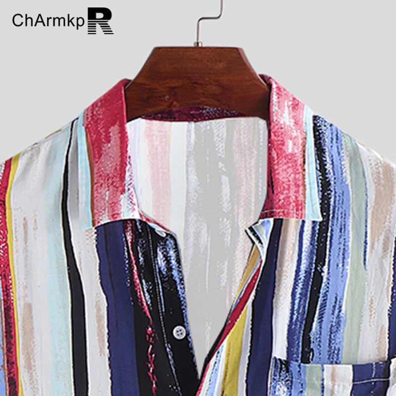 Mode ChArmkpR 2024 D'été Hommes Chemises À Manches Courtes Casual Rayé Chemise Streetwear Y-S-2XL