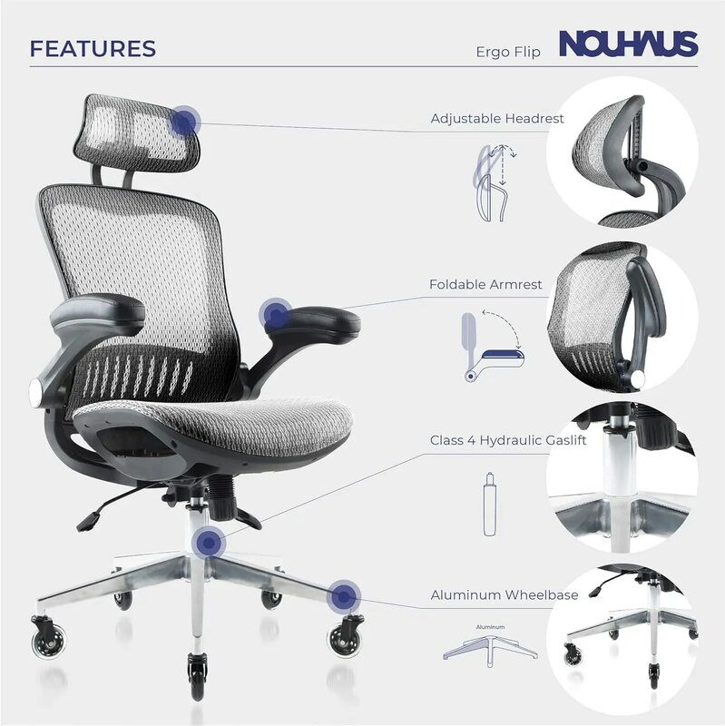 Nouhaus ErgoFlip grid Computer Chair - a grey rolling desk chair with retractable armrests and a razor wheel office chair