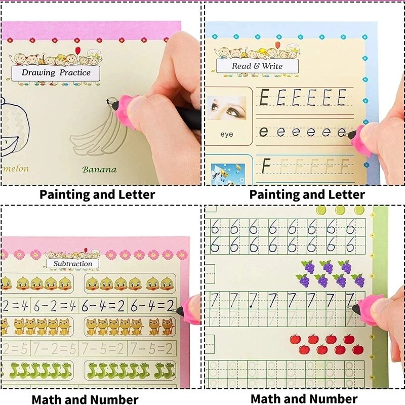 4 Books + Pen Magic Copy Book Free Wiping Children's kids Writing Sticker Practice English Copybook For Calligraphy Montessori