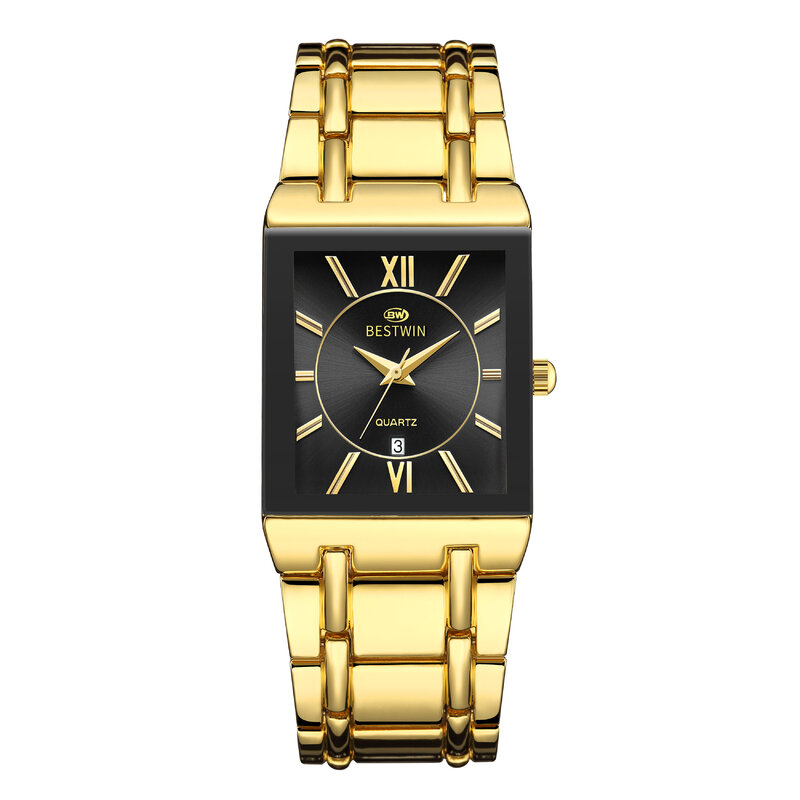 Montre carrée de luxe en acier inoxydable doré pour homme, montre-bracelet à quartz avec date, mode chérie, nouveau, 2023