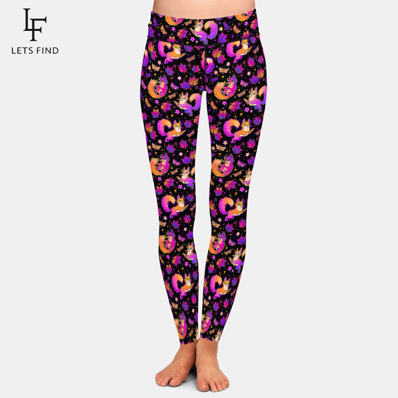 LETSFIND-Pantalones elásticos de cintura alta para mujer, Leggings completos con estampado 3D de gatos y hojas esponjosas, moda de otoño