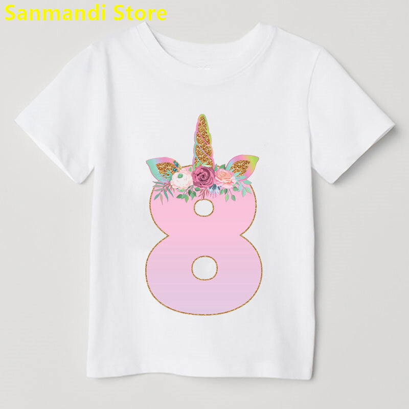 Camiseta con estampado de unicornio de flores rosas para niñas, regalo de cumpleaños para niñas, ropa Kawaii para niños, camiseta divertida