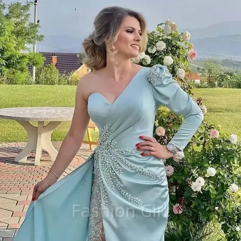 Green Luxury Lace Prom Dress One Shoulder Long Sleeve Mermaid Ruched Satin Beaded Women Evening Formal Party Gowns Robe 2024