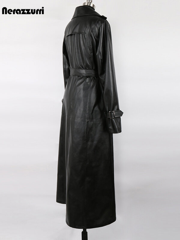 Nerazzurri – Trench-Coat de luxe en cuir Pu pour femme, imperméable Extra Long, noir, souple, avec ceinture, longueur au sol, collection printemps-automne