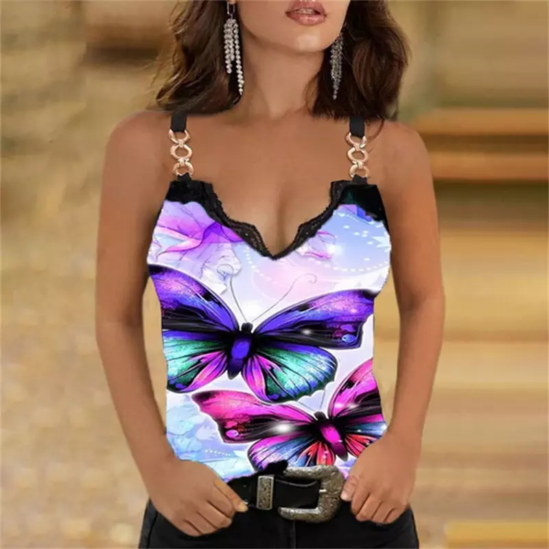 2023 New Summer T-Shirt Women Casual Fashion Slim Fit Strap Sexy Lace Sleeveless V-Neck Butterfly Print Casual Tank Top