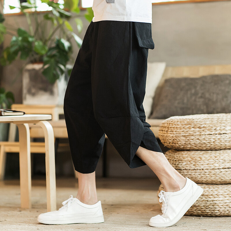 Cotton Jogger Cross Pants Men Wide-leg Harem Pants Harajuku Style Summer Casual Calf-Length Pants Solid Color Streetwear