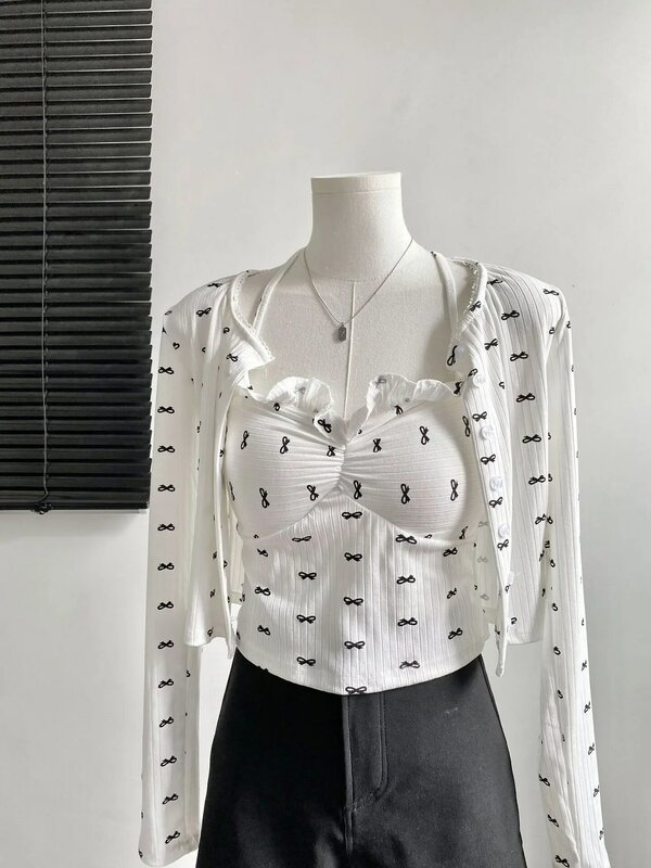 Camiseta con estampado gris para mujer, ropa Harajuku coreana Y2k, estética Vintage, camisetas de manga larga, conjunto de dos piezas, ropa de verano de los años 2000