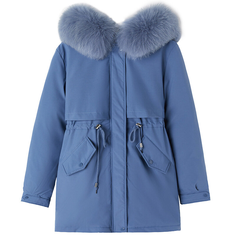 여성용 롱 코트 울 라이너 후드 파카, 모피 칼라가 있는 슬림 재킷, 따뜻한 스노우 웨어, 패딩 의류, 2024 신상 겨울 패션