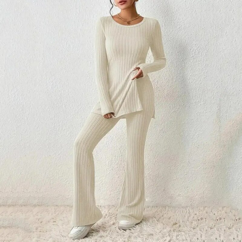 Conjunto de duas peças de malha feminina, conjunto elegante, manga comprida, top com nervuras, calças de cintura alta, outono