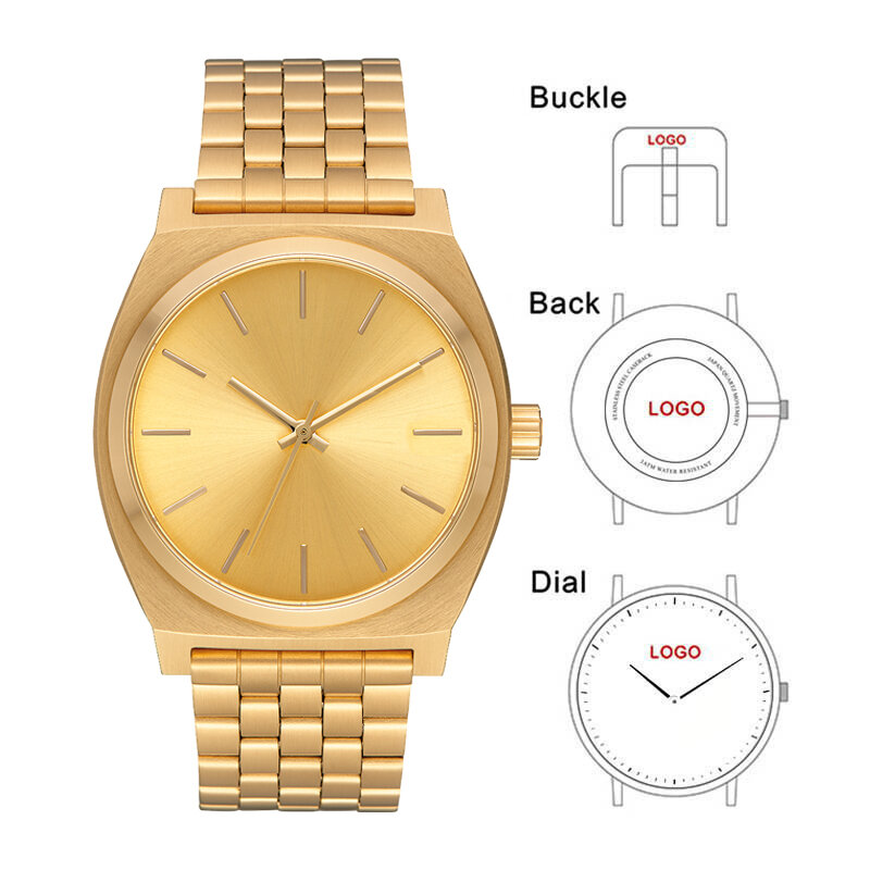 Unisex estilo pulso relógio de quartzo, pulseira de aço inoxidável, movimento japão, logotipo personalizado marca ou foto, ouro, atacado, novo