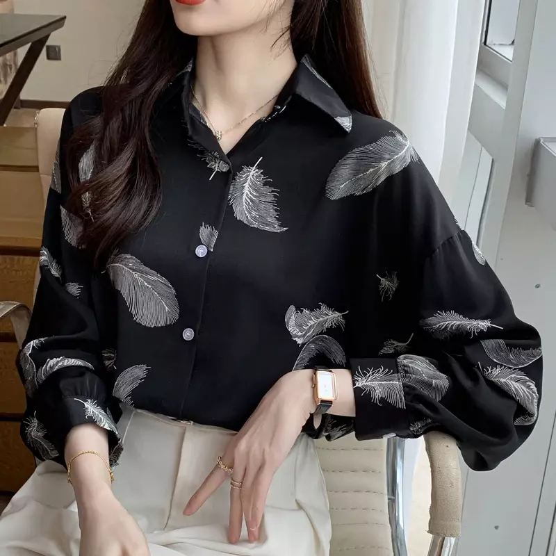 YCMYUNYAN-Camisa feminina com gola polo solta, blusas vintage estampadas, tops de mangas compridas, roupas da moda, primavera e verão