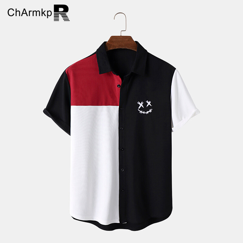 ChArmkpR 남성용 반팔 상의, 턴다운 칼라, 단추 업 셔츠, 오버사이즈 스트리트웨어, 여름 의류, 2024