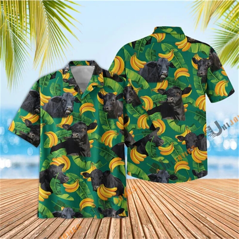 Grappige Dieren Koe 3d Print Strand Shirts Voor Mannen Korte Mouw Beer Revers Blouse Hawaiian Boy Knoop Tops Heren Kleding