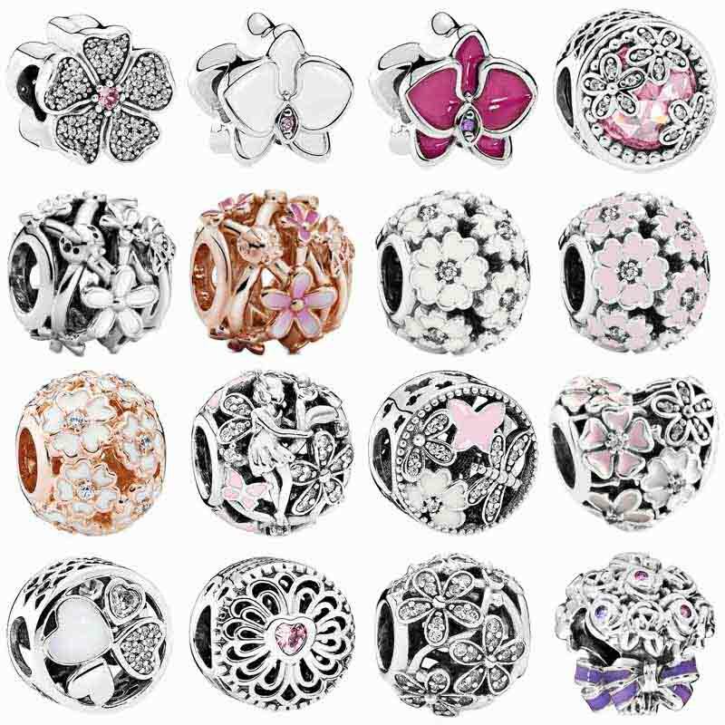 Springtime Poetic Heart Apple Blossom Orchid Pink Daisy Flower Charm 925 Sterling Silver Beads Fit Fashion Bracelet DIY Jewelry