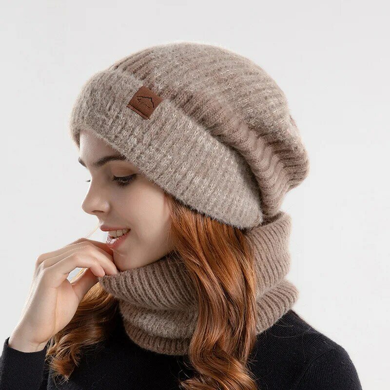 Set syal rajut bertudung wanita, dua potong, set topi hangat musim gugur dan musim dingin, syal topi rajut dua warna mewah