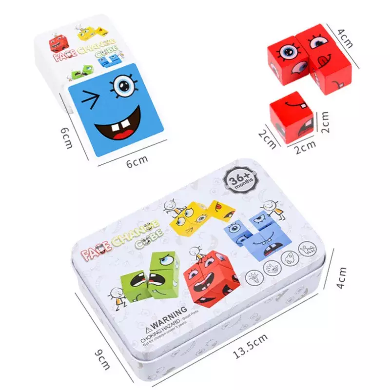 큐브 얼굴 변경 빌딩 블록 보드 게임 나무 퍼즐, 몬테소리 표현, 어린이 장난감 선물