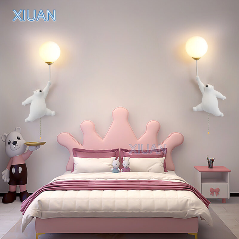 การ์ตูนสีฟ้าสีขาวสีชมพู Bear Wall โคมไฟสำหรับเด็กเด็กผู้หญิงผนังข้างเตียงห้องนอน Light 3D ลายพิมพ์ดวงจันทร์โคมไฟ G9