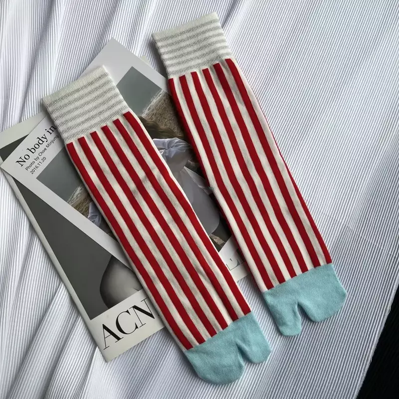 Цветные носки из чесаного хлопка с пальцами, полосатые Модные женские носки в стиле ретро, Харадзюку, японские спортивные носки средней длины с разрезом