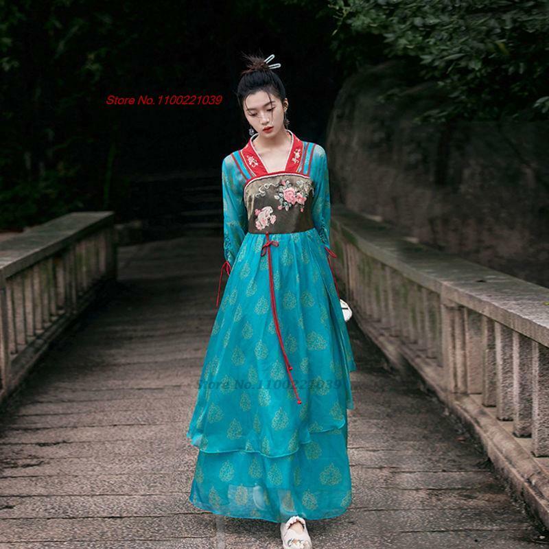 伝統的な中国のフォークダンスの衣装、国民のコートとストラップのドレスセット、古代の花のプリンセスシフォンドレス、ヴィンテージハニードレス、2024