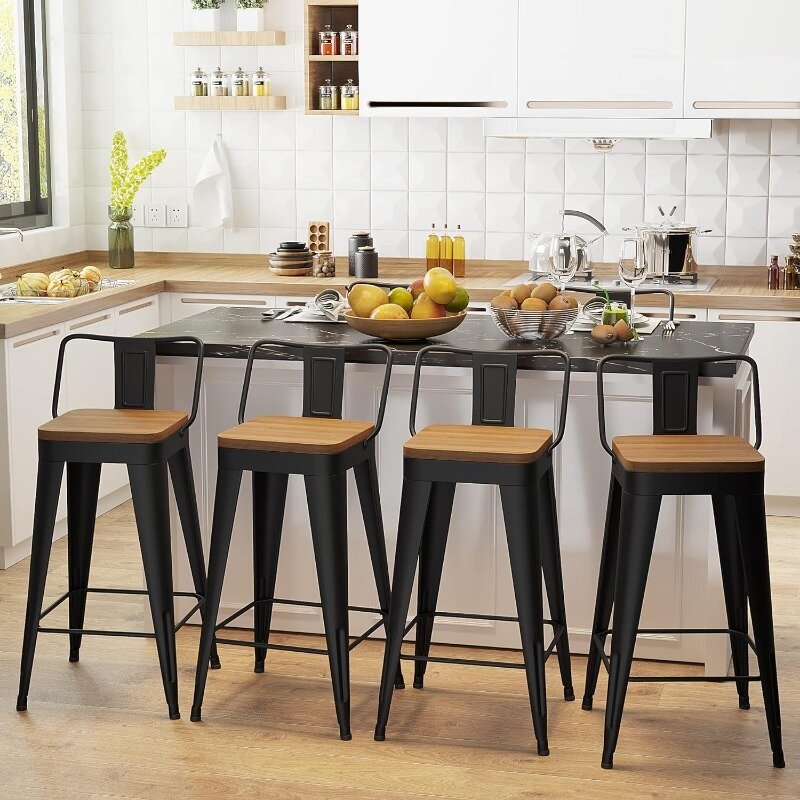 Metal Bar Stools Set com costas removíveis, Counter Altura Barstools, assento de madeira, 24 ", cozinha, 4