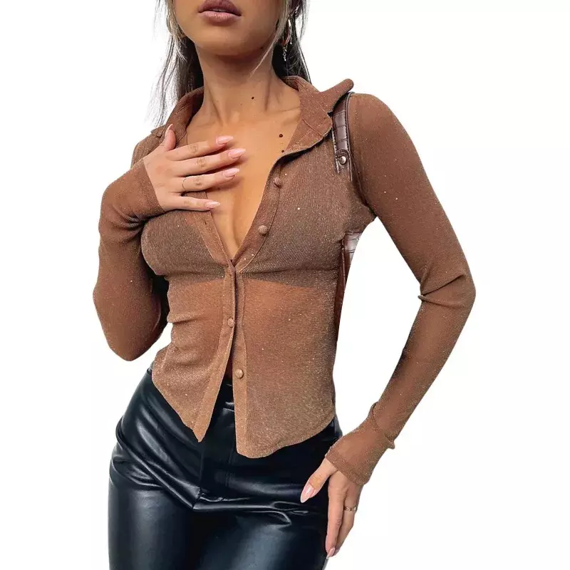 2024 Women's Summer Slim Fit Solid Color Mesh Perspective Comfortable Long Sleeved Cardigan Sexy Casual Shirt Womens Tops MYQH12