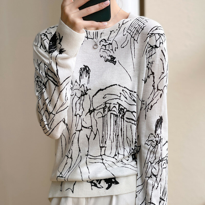 Verão na moda fina imitação de lã de malha t-shirt das mulheres de manga curta Top Graffiti Digital Jacquard Pullover camisola das senhoras