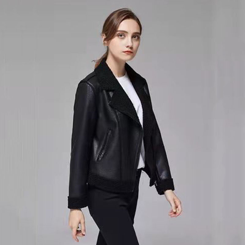 Leather Women's Fleece Coat In Winter New Mother's Western-Style Leather Jacket Young And Middle-aged Fashion Slim Warm Coat5XL