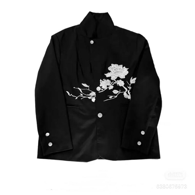 Yamamotostyle Blazer desain rasa baru bordir mawar Cina kasual hitam longgar gelap setelan untuk pria dan wanita