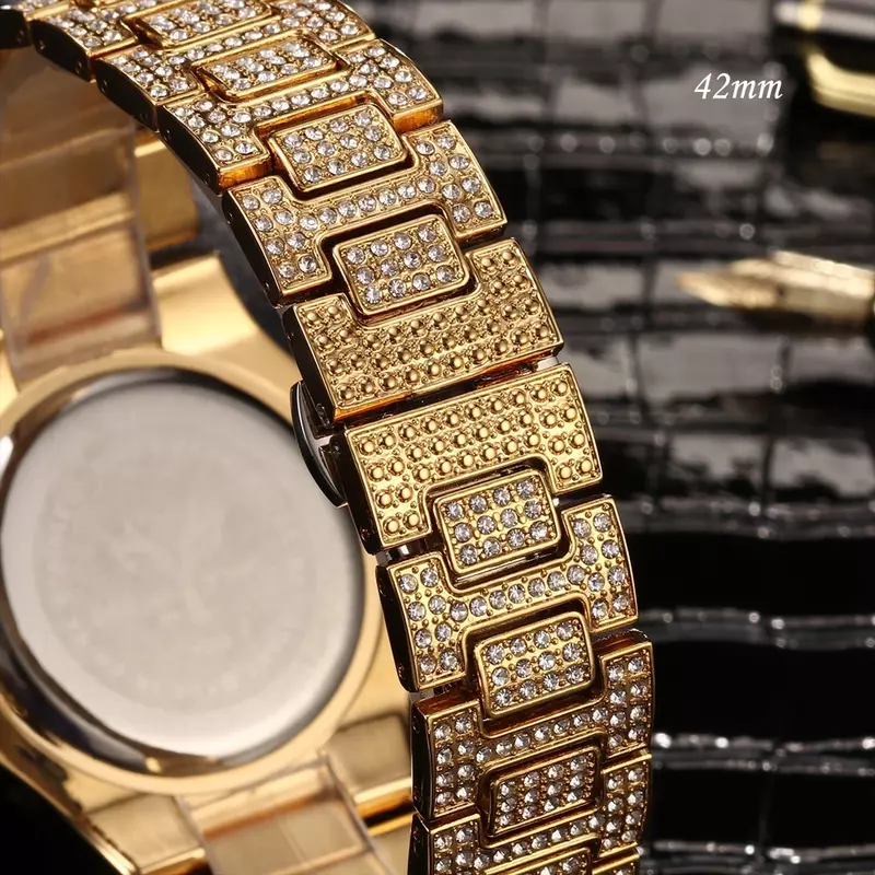 フルブリンブリンダイヤモンド腕時計メンズ高級ブランドヒップホップアイスアウトクォーツ腕時計ビジネス時計防水リロイhombre missfox
