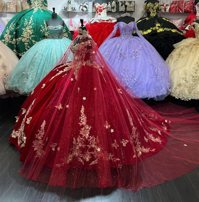 버건디 프린세스 퀸시네라 드레스, 오프숄더 아플리케 볼 가운, 달콤한 16 드레스, 15 아뇨스 멕시코
