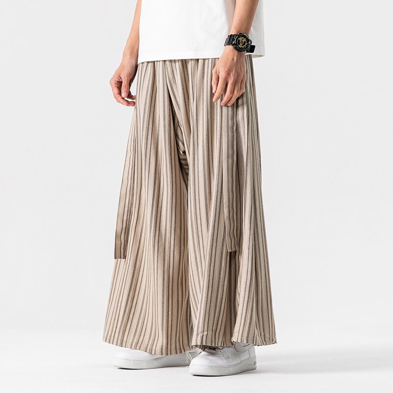 Harajuku-Pantalones rectos de pierna ancha para hombre, ropa de calle Vintage, harén de lino y algodón, holgados, de gran tamaño, novedad