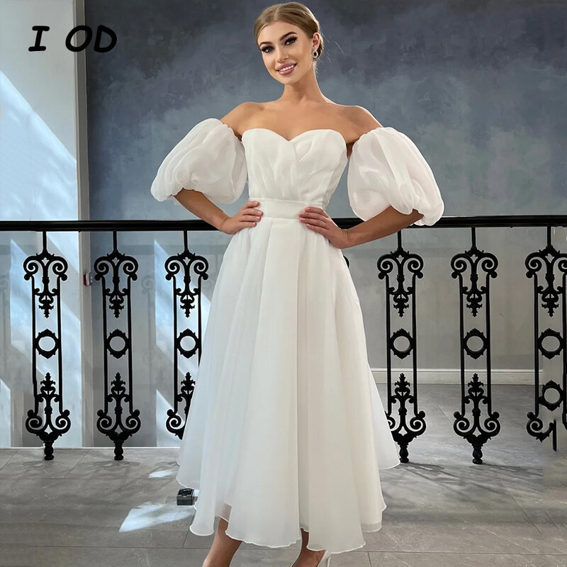 I OD Simple Pleat Wedding Dress Puff Sleeves Sweetheart Lace Up Back Bridal Gown Tea Length Vestidos De Novia Custom Made New