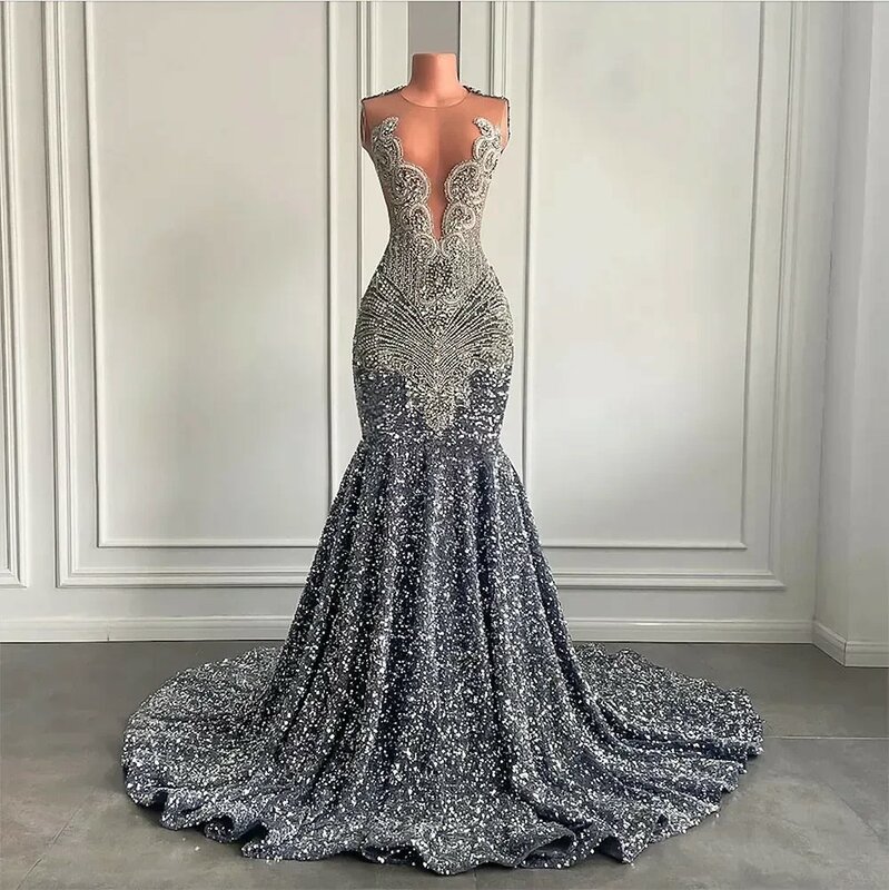 Sparkly Silver Mermaid Prom Dresses Sheer O-Neck Beads Crystal Diamond Sequined Graduation Party Gowns Evening Gown فساتين سهرة