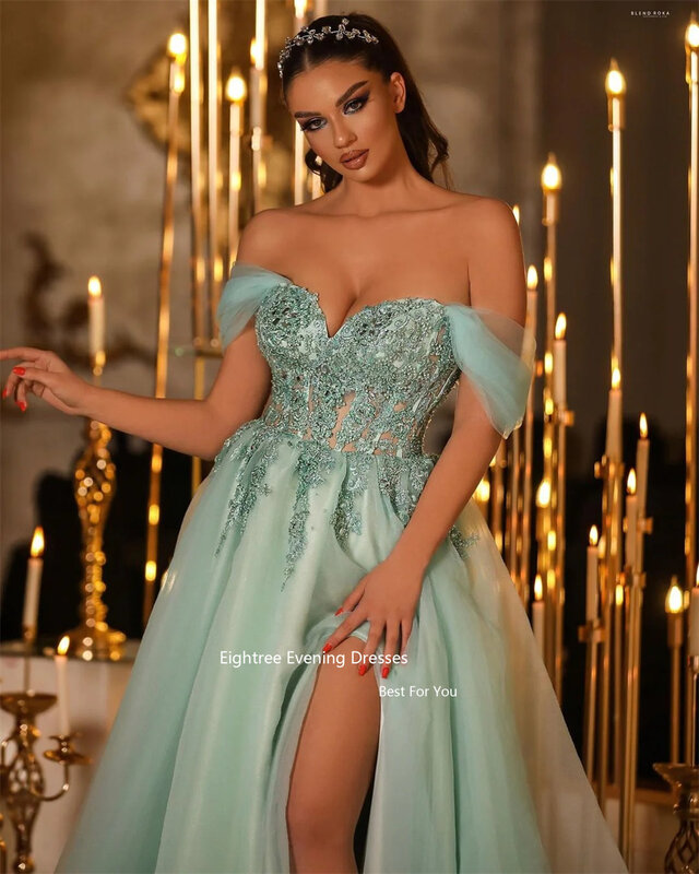 Eightree Mint Green Off The Shoulder Prom Dresses Long  A Line Tulle Appliques Lace High Slit Vestidos Para Eventos Especiales