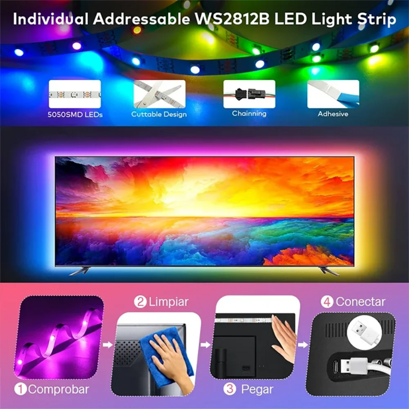 RGB LED Light Strip com controle remoto infravermelho, Fita Fita de lâmpada, Iluminação de cena DIY para sala de jogos, Decoração Backlight TV