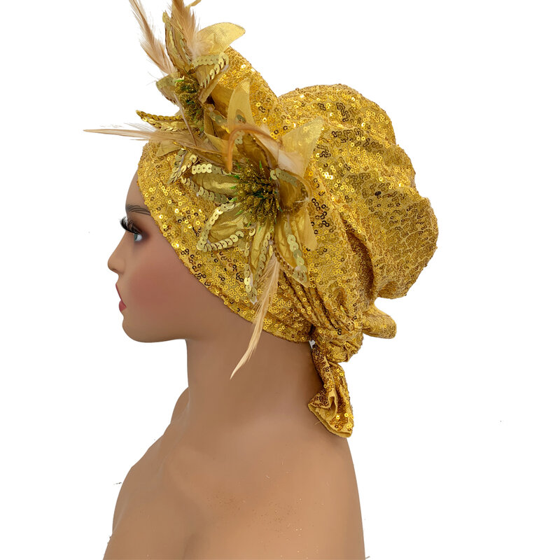 Diadema de Gele africana para mujer, turbante Autogele con lentejuelas, a la moda, para boda, Nigeria