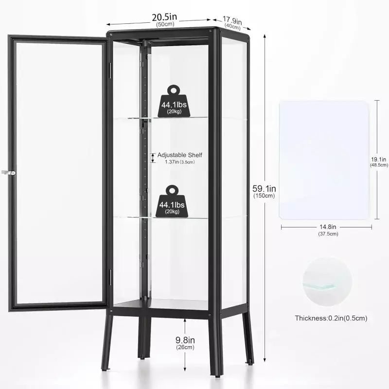 Glass Display Cabinet with Adjustable 3-Shelf Shelves, Lock and Door, Dust-Proof, LED Light, Curio Cabinets Display Case fo