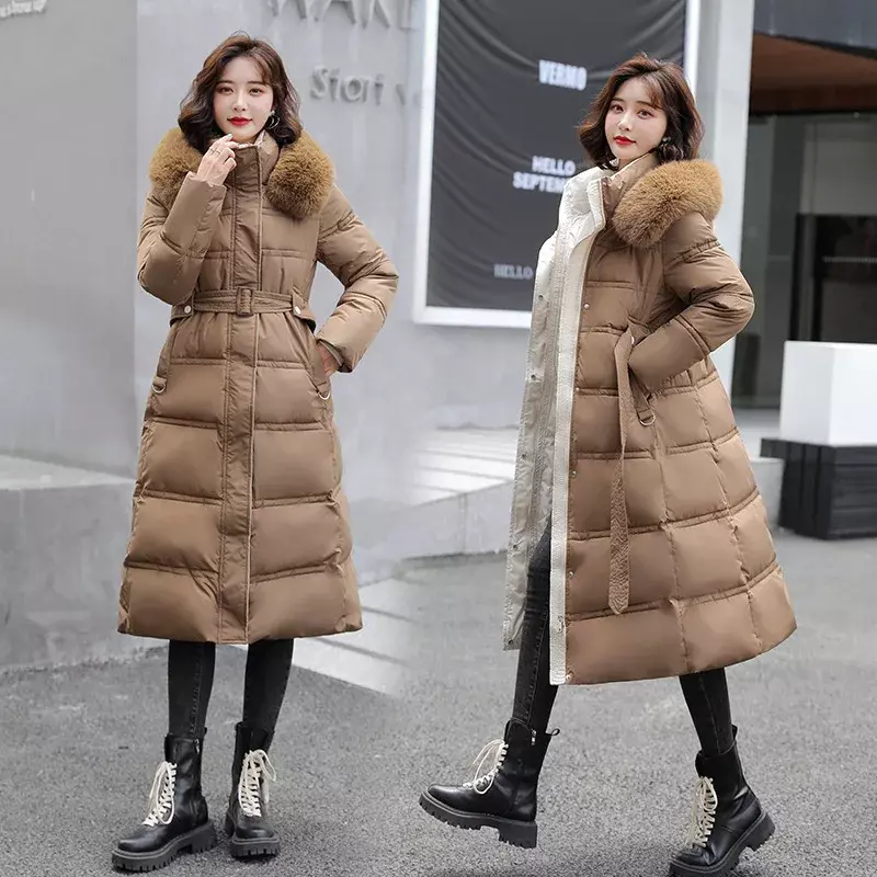 Long Down Cotton Parkas Jacket 2024 New Winter Women X-Long Faux Fur Collar Padded Jackets Thick Loose Large Size Down Overcoat