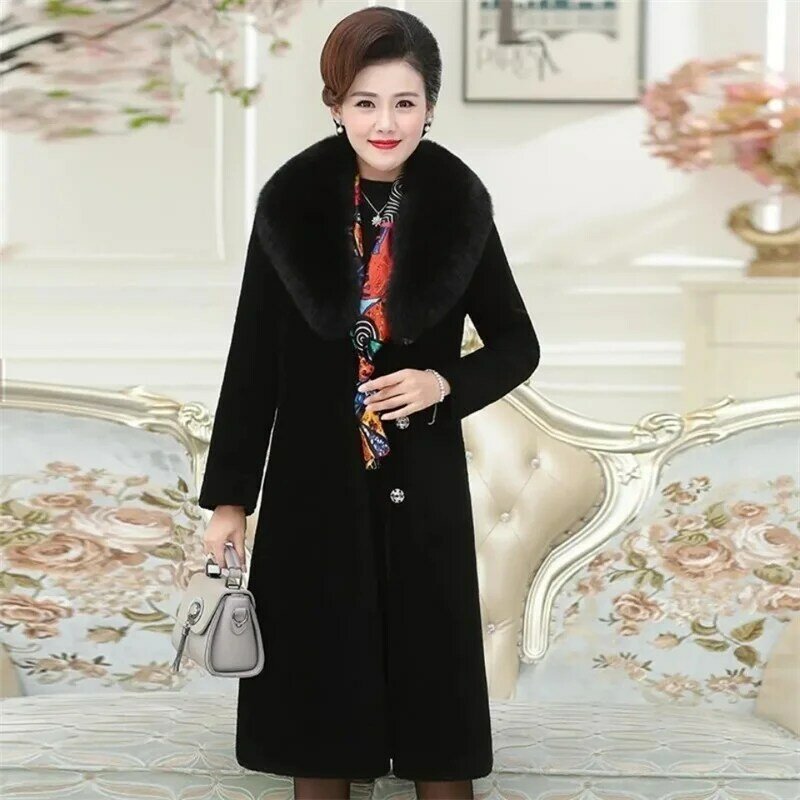 Faux Mink Fur Coat For Women Autumn Winter Thickened Faux Fox Fur Collar Fur Overcoat Female Mid length Imitation Mink Jacket