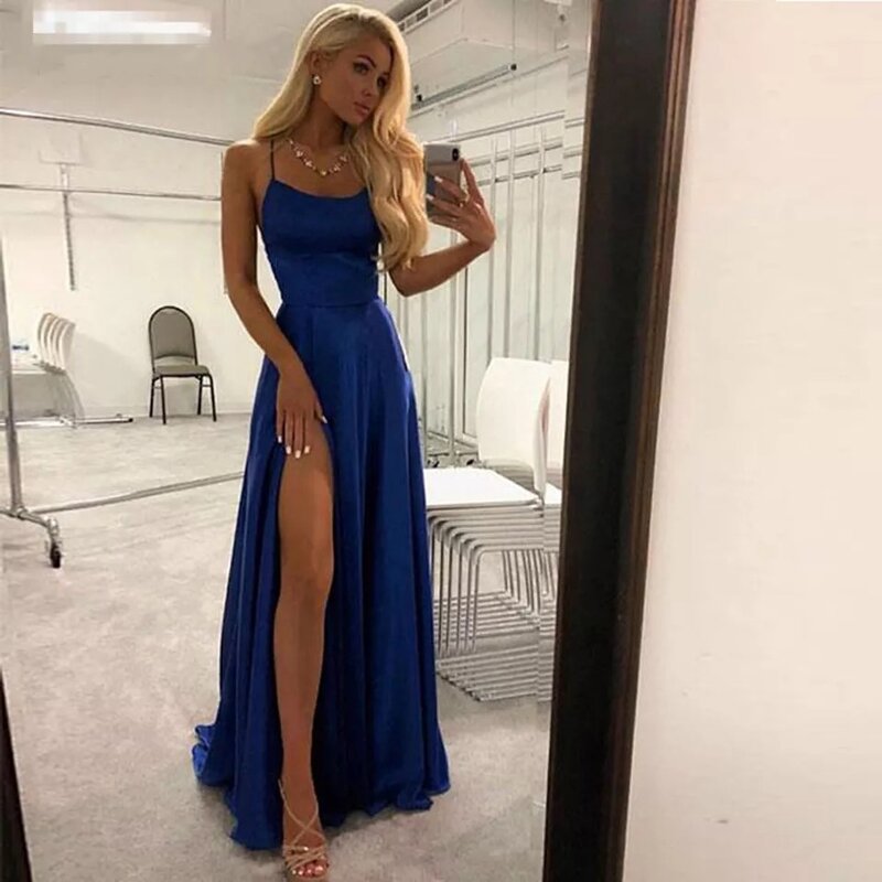 Azul royal feminino dividido vestido de baile, elegante, festa à noite, vestido longo formal, alças de espaguete, 2022