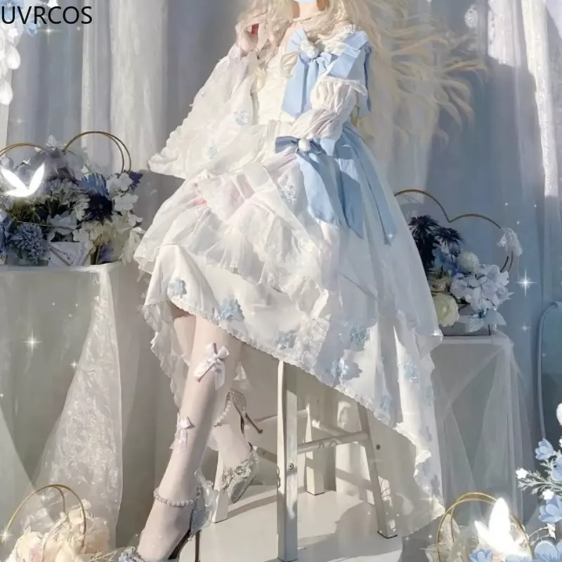 Victoriaanse Vintage Lolita Prinsessenjurk Vrouwen Lieve Elegante Kanten Strik Rose Bloem Fee Jurk Japanse Kawaii Avond Feestjurk