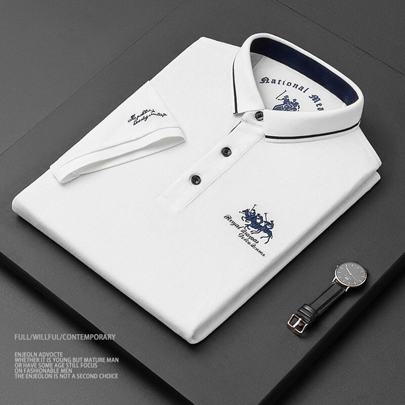 Camisa polo bordada de algodão masculina, lapela casual de negócios de alta qualidade, manga curta, verão, nova, 2023