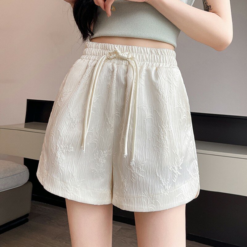 Shorts Jacquard Vintage estilo chinês feminino de cintura alta, shorts casuais de verão, básico feminino solto, nova chegada, W1742, 2024