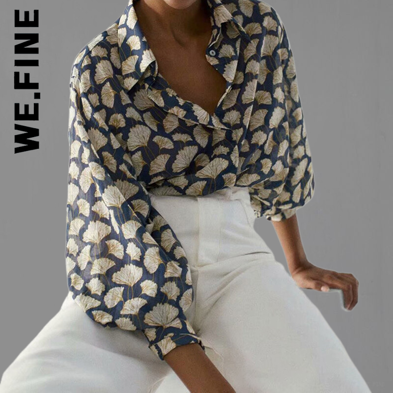 We.Fine Fashion элегантная свободная шелковая блузка с принтом листьев, Женская модная рубашка, топы, Весенняя блузка для женщин в английском стиле, уютная