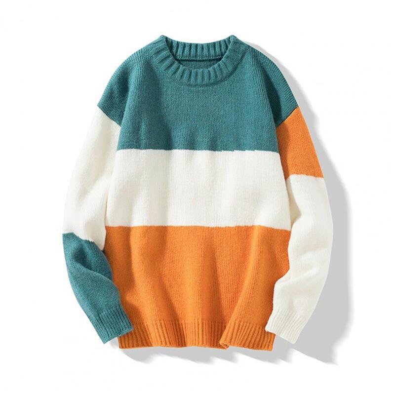 Suéter de malha de bloco colorido masculino, suéter solto, gola redonda, manga comprida, elástico grosso, cor de contraste, outono